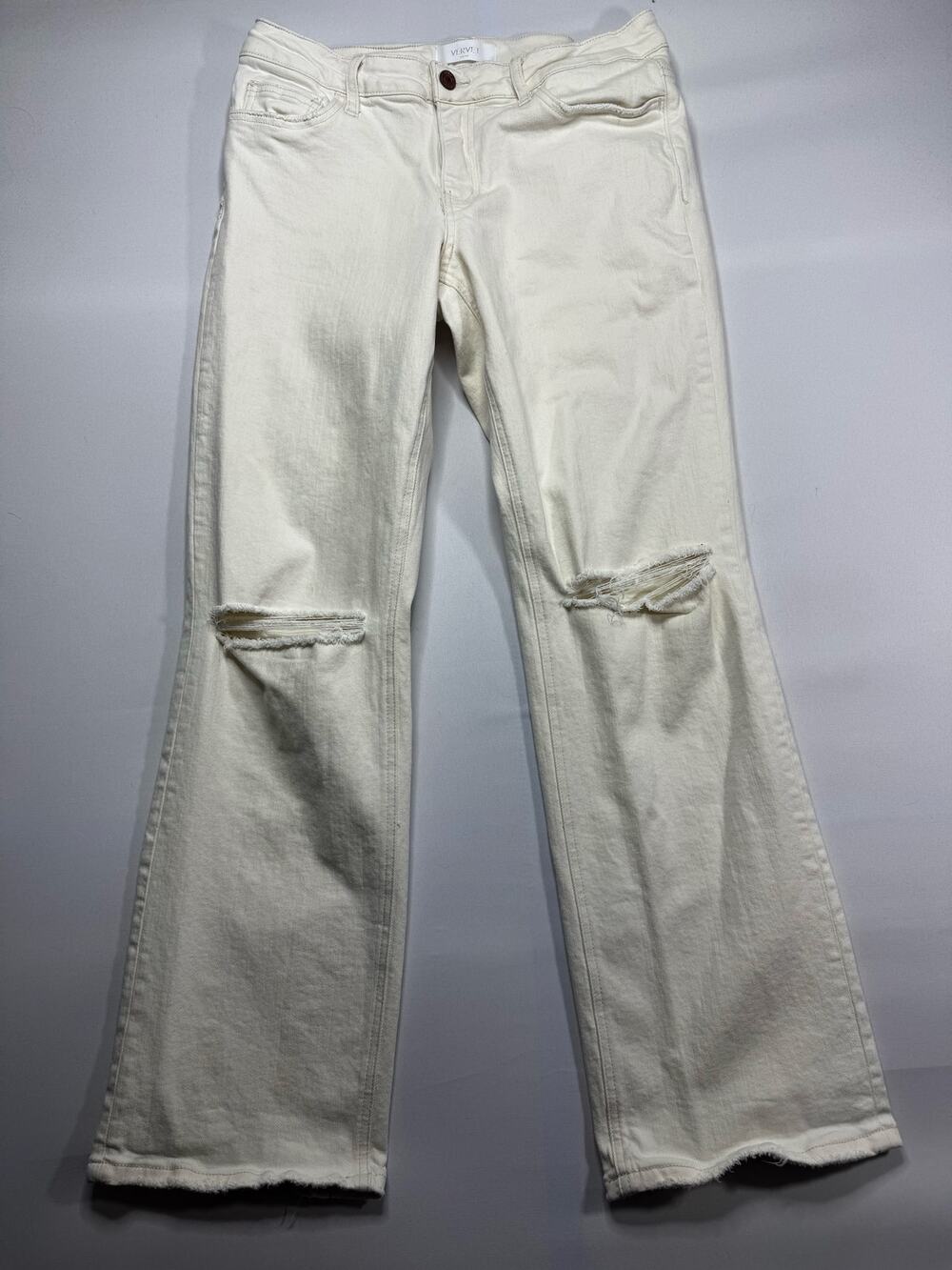 Vervet Blue Women's Distressed Straight Leg Cream Denim Jeans - Size‎ 30x30.5